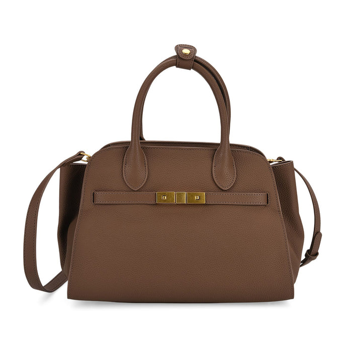Genuine Leather Structured Top Handle Handbag with Gold Clasp &amp; Shoulder Strap - Brown 8163418 1
