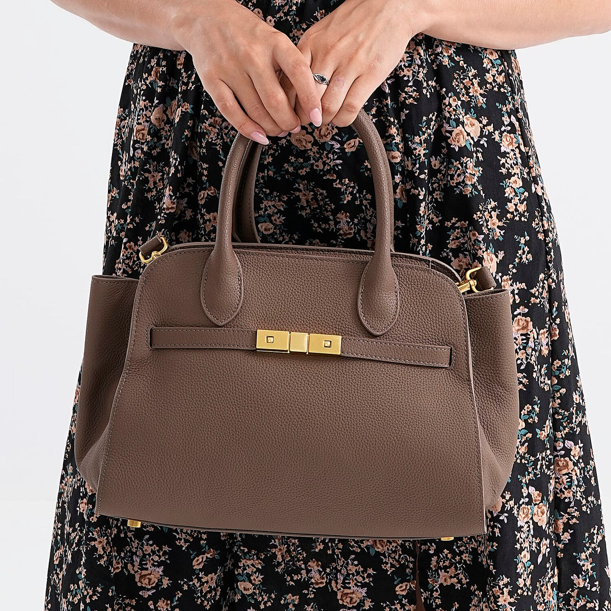 Genuine Leather Structured Top Handle Handbag with Gold Clasp &amp; Shoulder Strap - Khaki V32521625 3