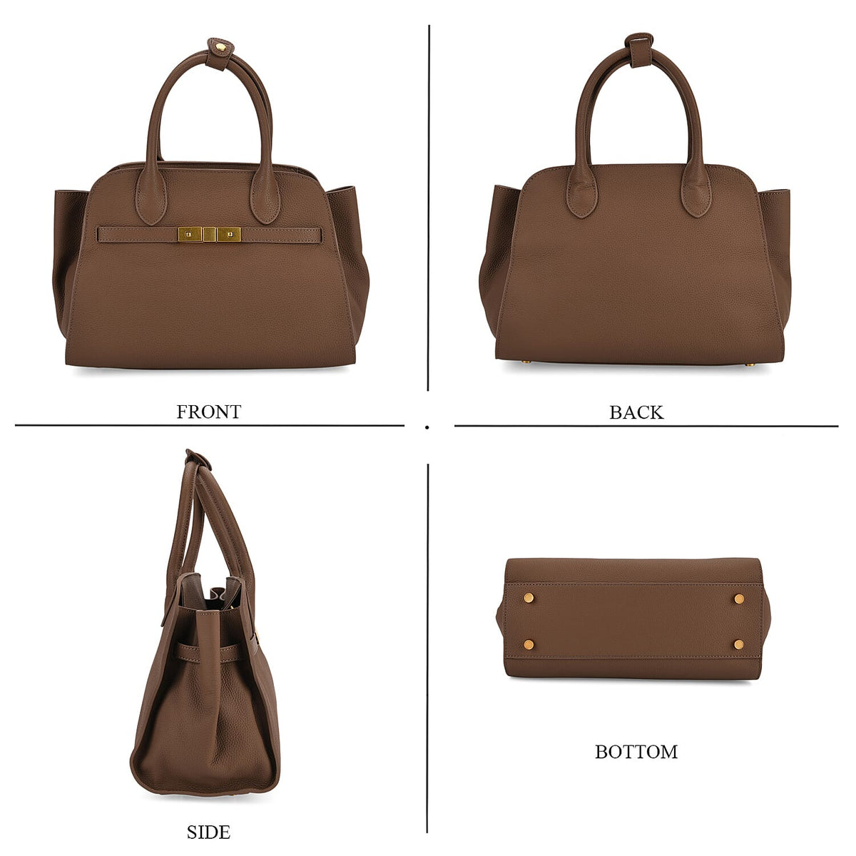 Genuine Leather Structured Top Handle Handbag with Gold Clasp &amp; Shoulder Strap - Khaki V32521625 4