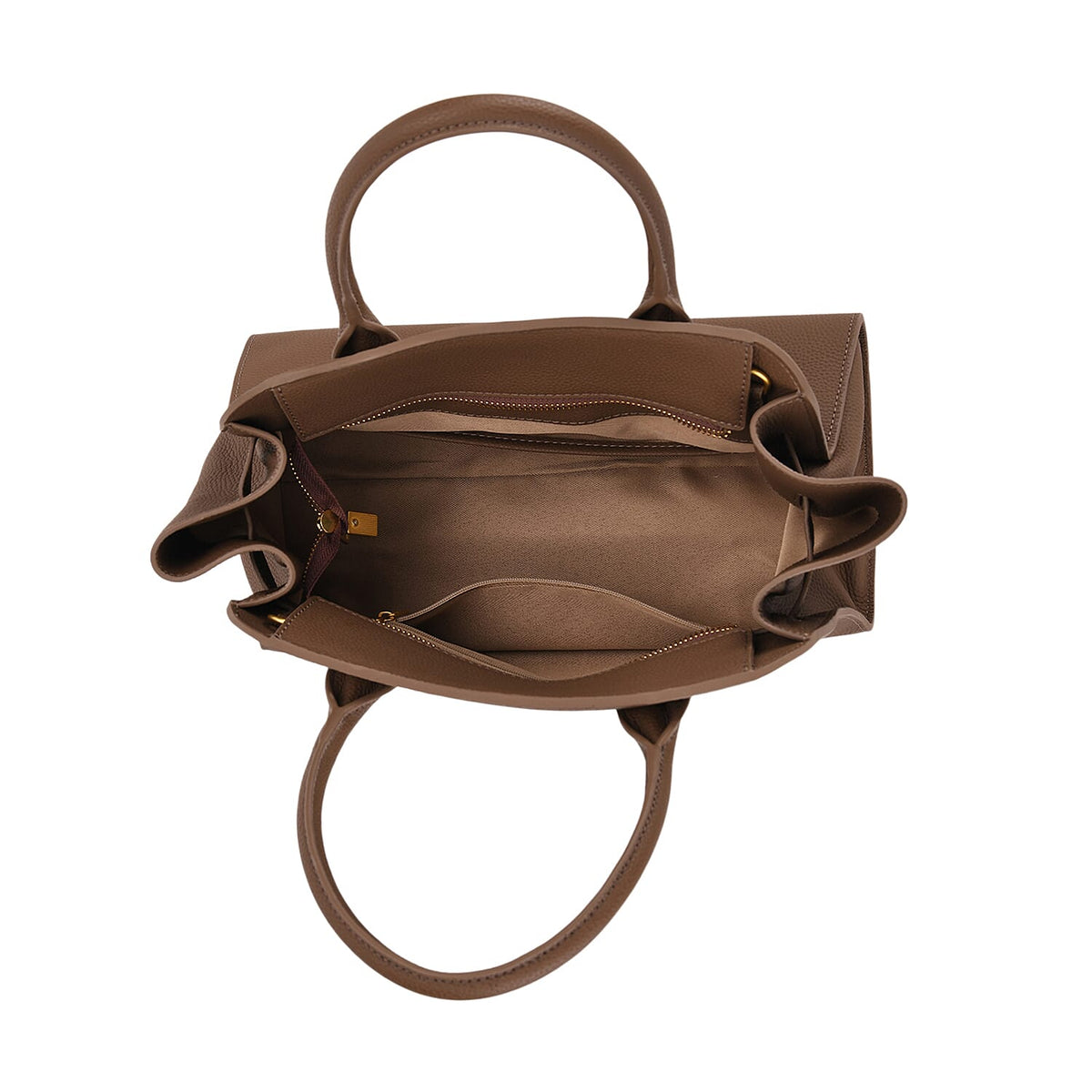 Genuine Leather Structured Top Handle Handbag with Gold Clasp &amp; Shoulder Strap - Khaki V32521625 5