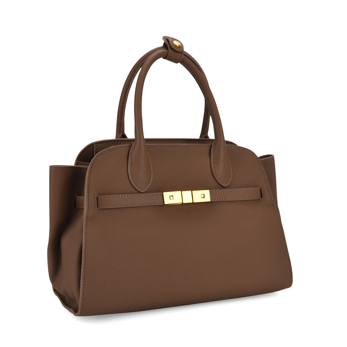 Genuine Leather Structured Top Handle Handbag with Gold Clasp &amp; Shoulder Strap - Khaki V32521625 7