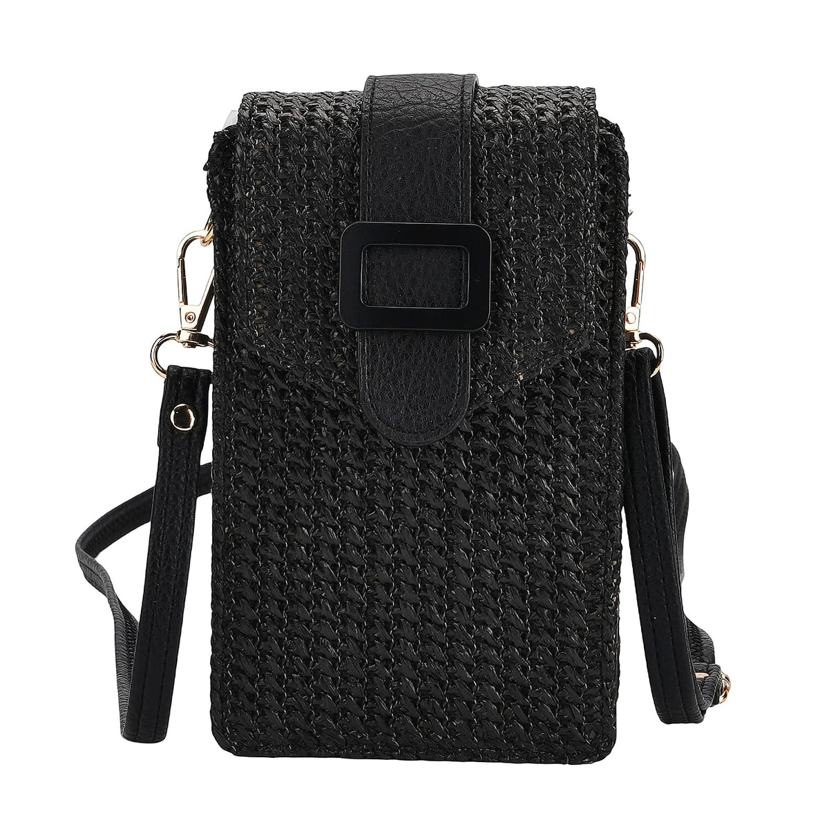 Boho Braided Texture Crossbody Bag with Buckle Flap - Black V32637416 0