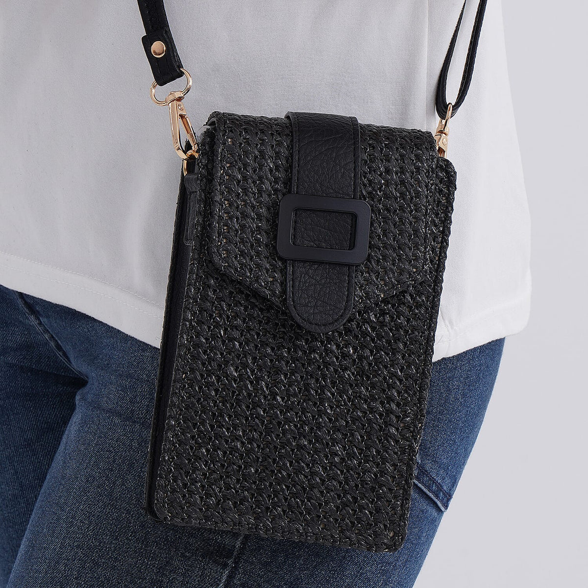 Boho Braided Texture Crossbody Bag with Buckle Flap - Black V32637416 3