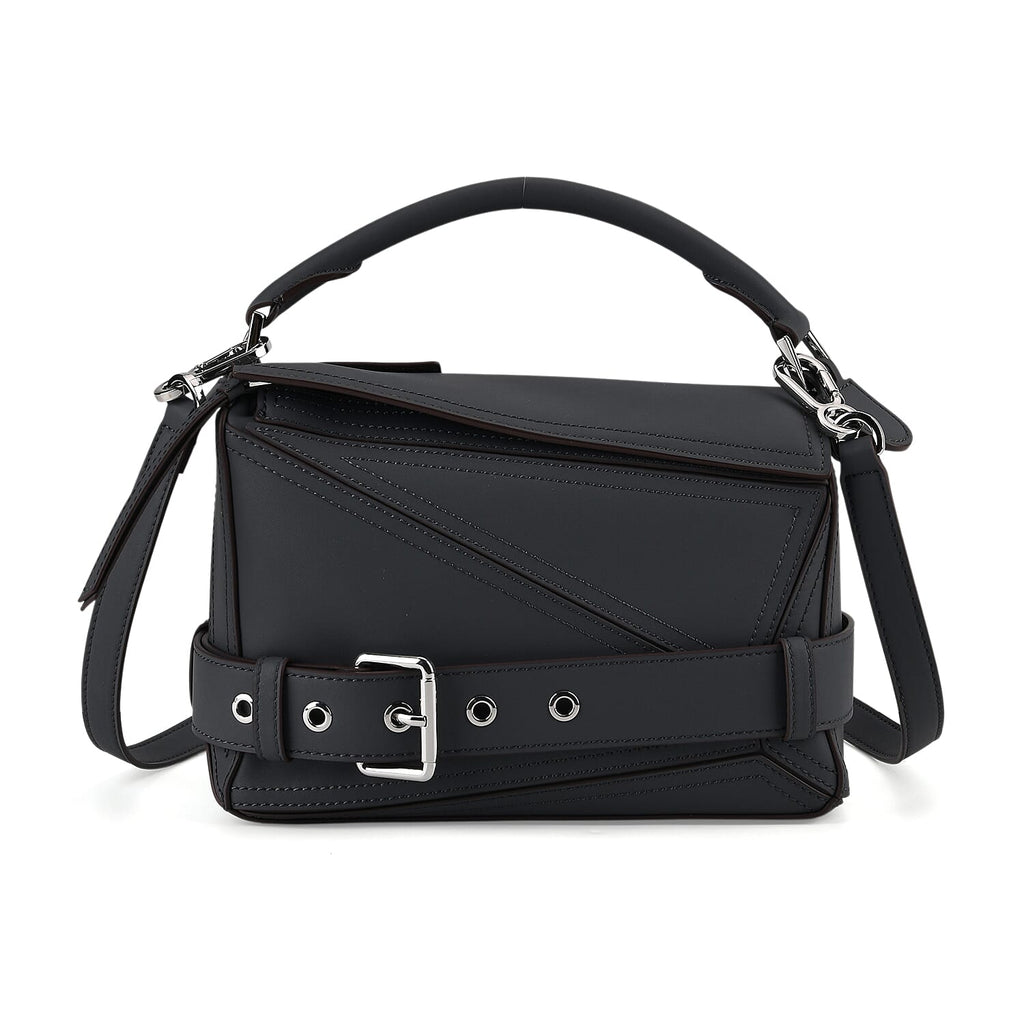 Designer Inspired Genuine Leather  Geometric Panel Handbag with 2 Detachable Straps - Grey