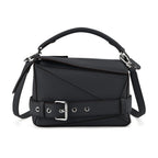 Designer Inspired Genuine Leather  Geometric Panel Handbag with 2 Detachable Straps - Grey