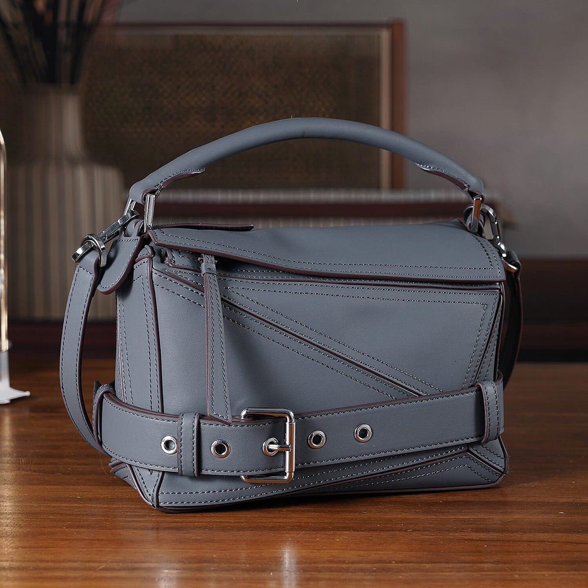 Designer Inspired - Genuine Leather Geometric Panel Handbag with 2 Detachable Straps 8377454 2