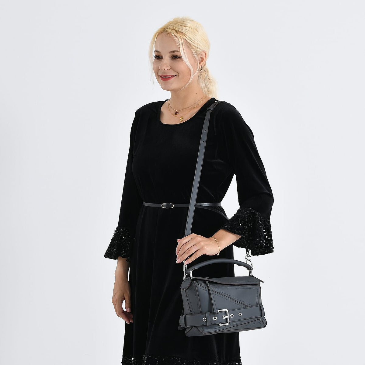 Designer Inspired - Genuine Leather Geometric Panel Handbag with 2 Detachable Straps 8377454 3