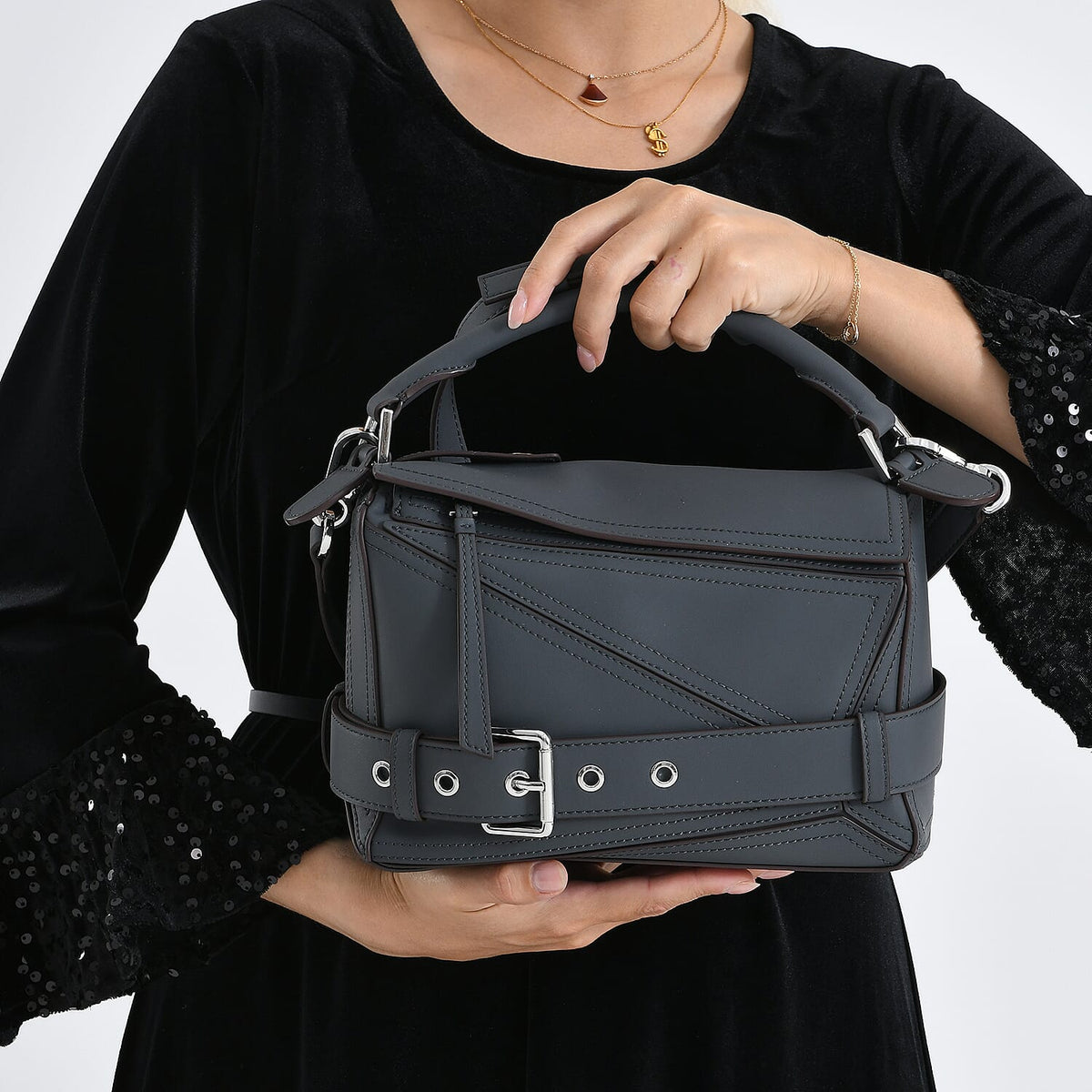 Designer Inspired - Genuine Leather Geometric Panel Handbag with 2 Detachable Straps 8377454 4