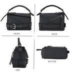 Designer Inspired Genuine Leather  Geometric Panel Handbag with 2 Detachable Straps - Grey