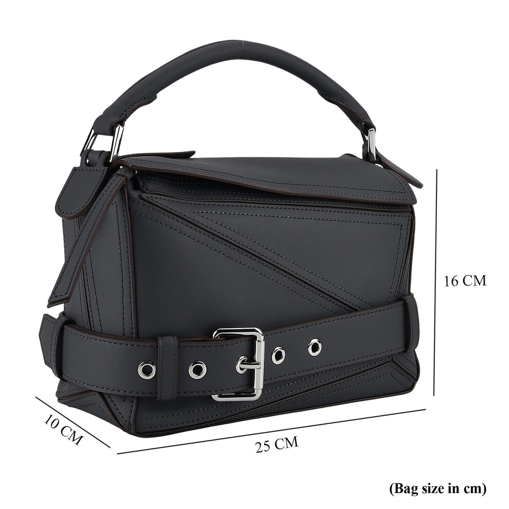 Designer Inspired Genuine Leather  Geometric Panel Handbag with 2 Detachable Straps - Grey