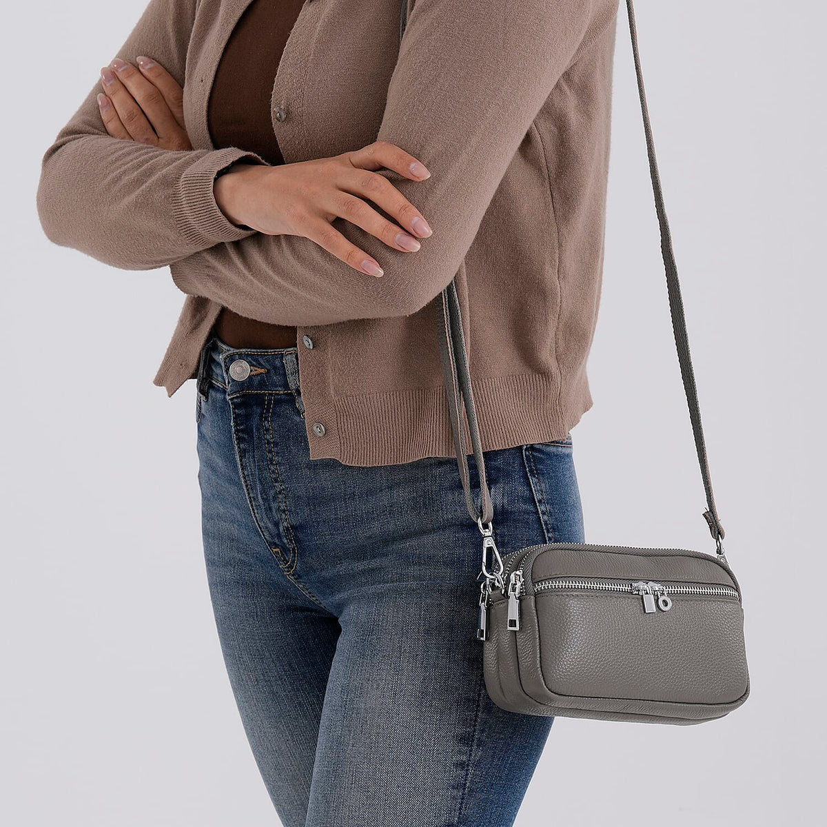 Genuine Leather Designer Minimalist Shoulder Bag - Grey V32604563 4