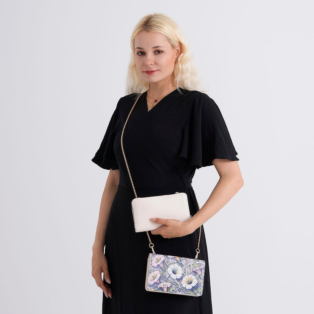 Designer-Inspired RFID-Protected Flower Print Shoulder Bag with a Magnetic Detachable Wallet - Chain Strap included - Cream V32513196 3