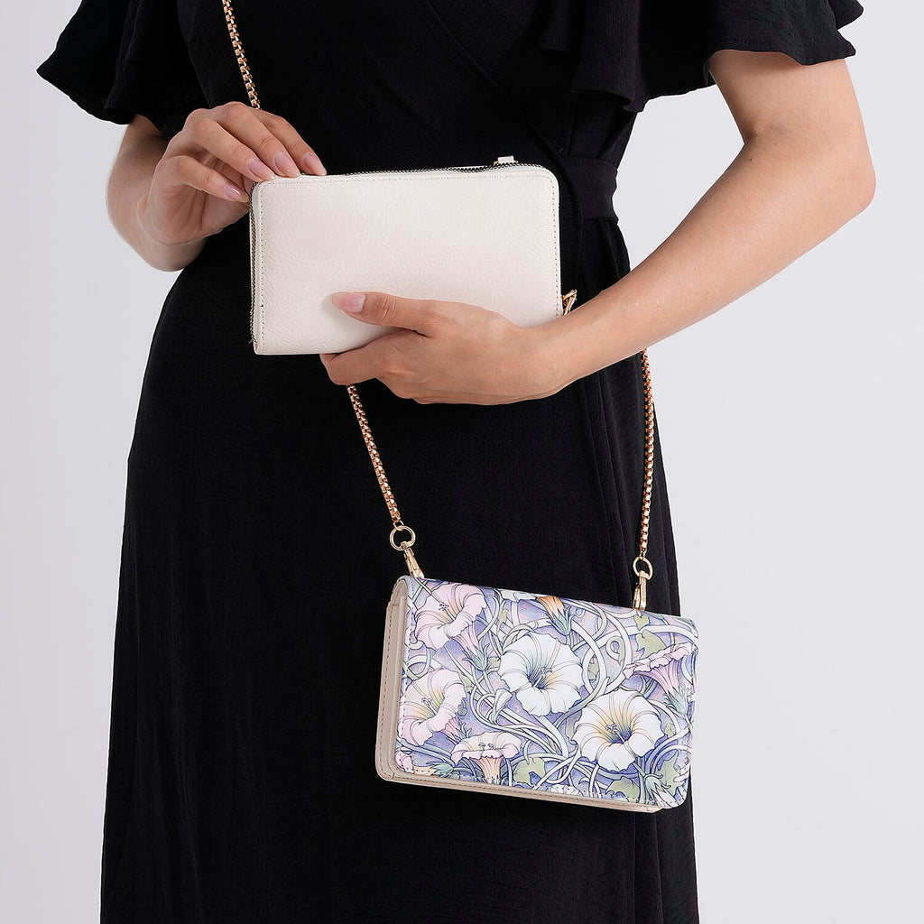 Designer-Inspired RFID-Protected Flower Print Shoulder Bag with a Magnetic Detachable Wallet - Chain Strap included - Cream