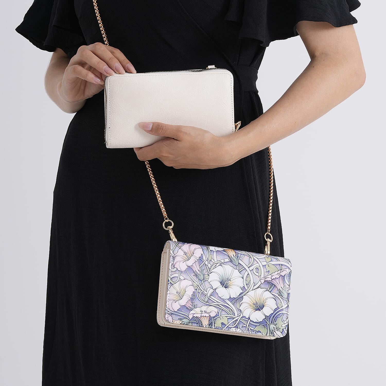 Designer-Inspired RFID-Protected Flower Print Shoulder Bag with a Magnetic Detachable Wallet - Chain Strap included - Cream V32513196 4