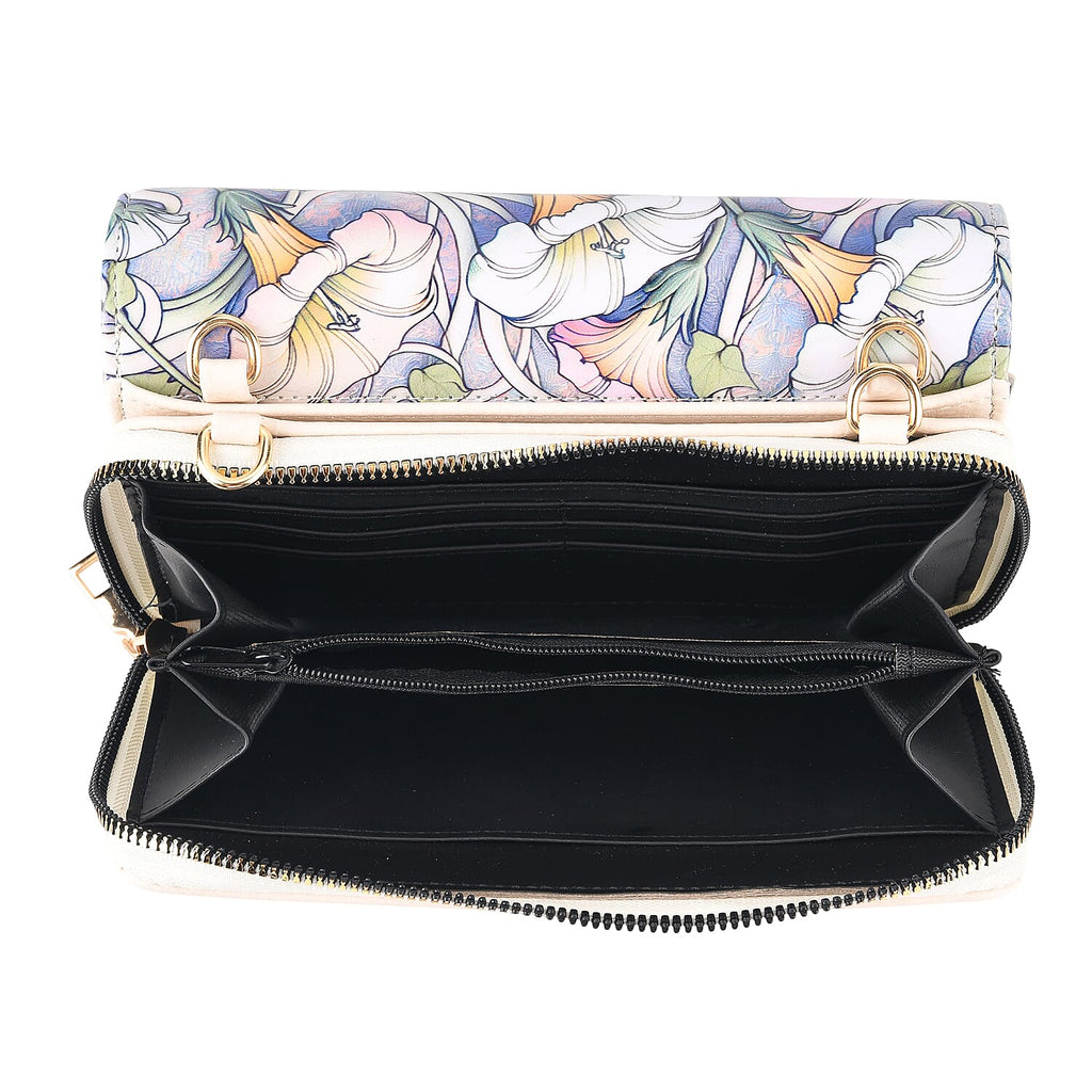 Designer-Inspired RFID-Protected Flower Print Shoulder Bag with a Magnetic Detachable Wallet - Chain Strap included - Cream