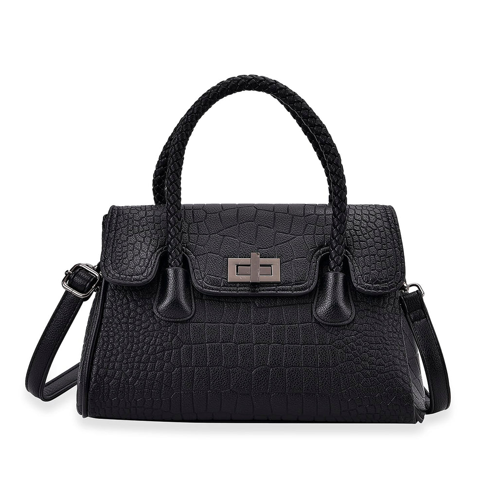 Croc Embossed Crossbody Bag with Lock & Top Handle - Black