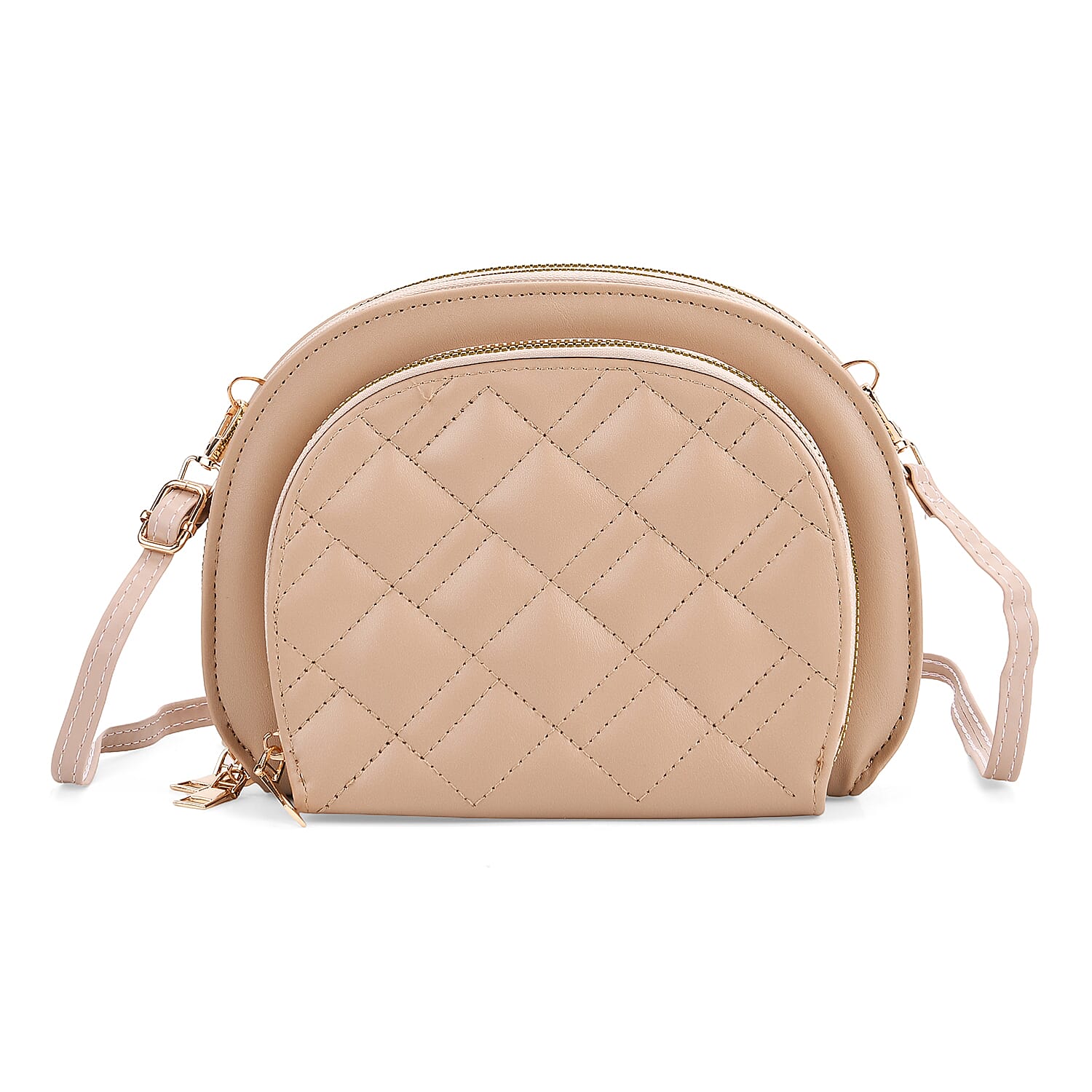 Leatherette Quilted Crossbody Bag with Log Strap - Khaki 8079162 0