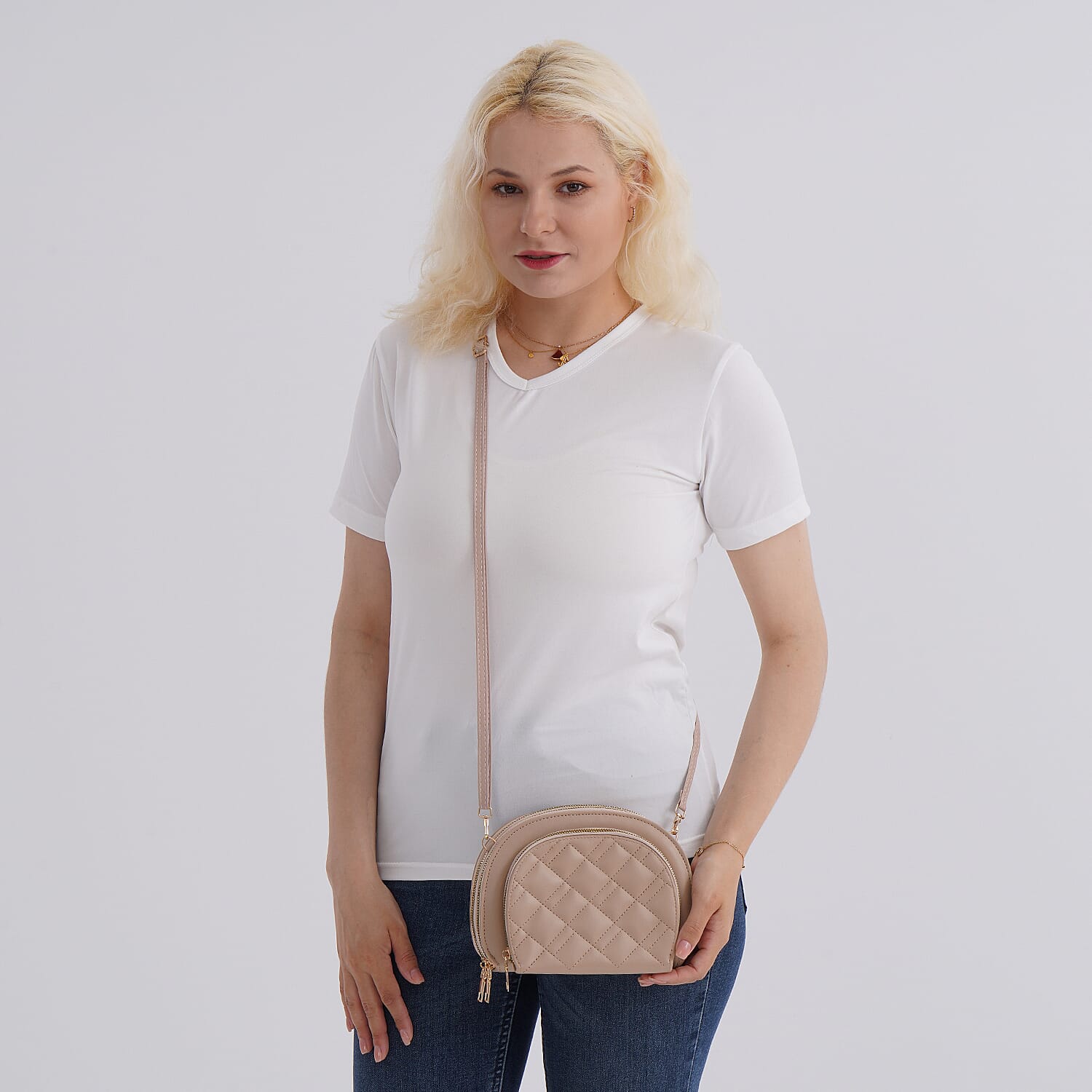 Leatherette Quilted Crossbody Bag with Log Strap - Khaki 8079162 2