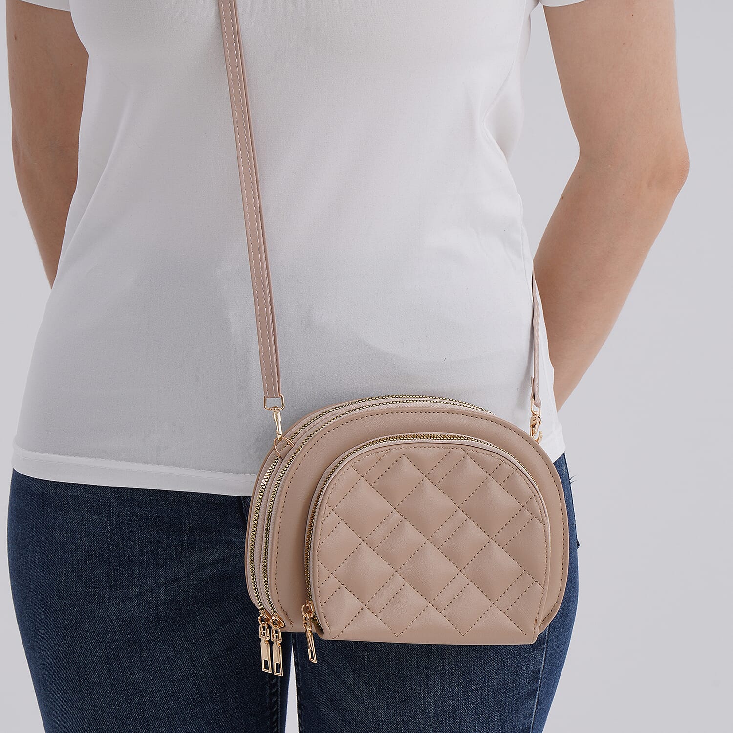 Leatherette Quilted Crossbody Bag with Log Strap - Khaki 8079162 3