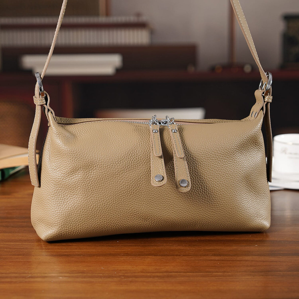 100% Genuine Leather Full Grain Crossbody Bag with Adjustable Strap - Khaki V32531291 2