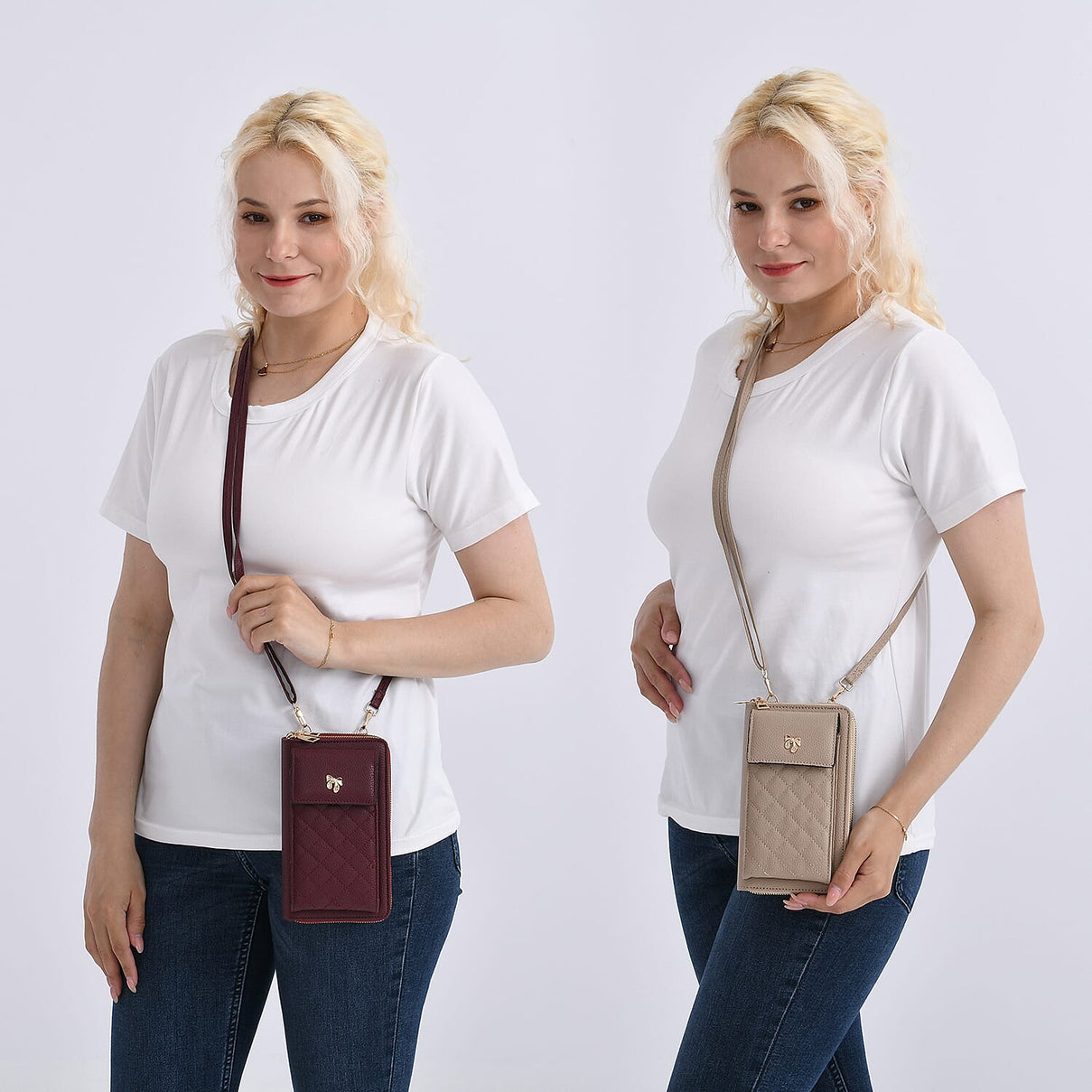Set of 2 Quilted Cellphone Bags - Beige - Burgundy 8079543 2
