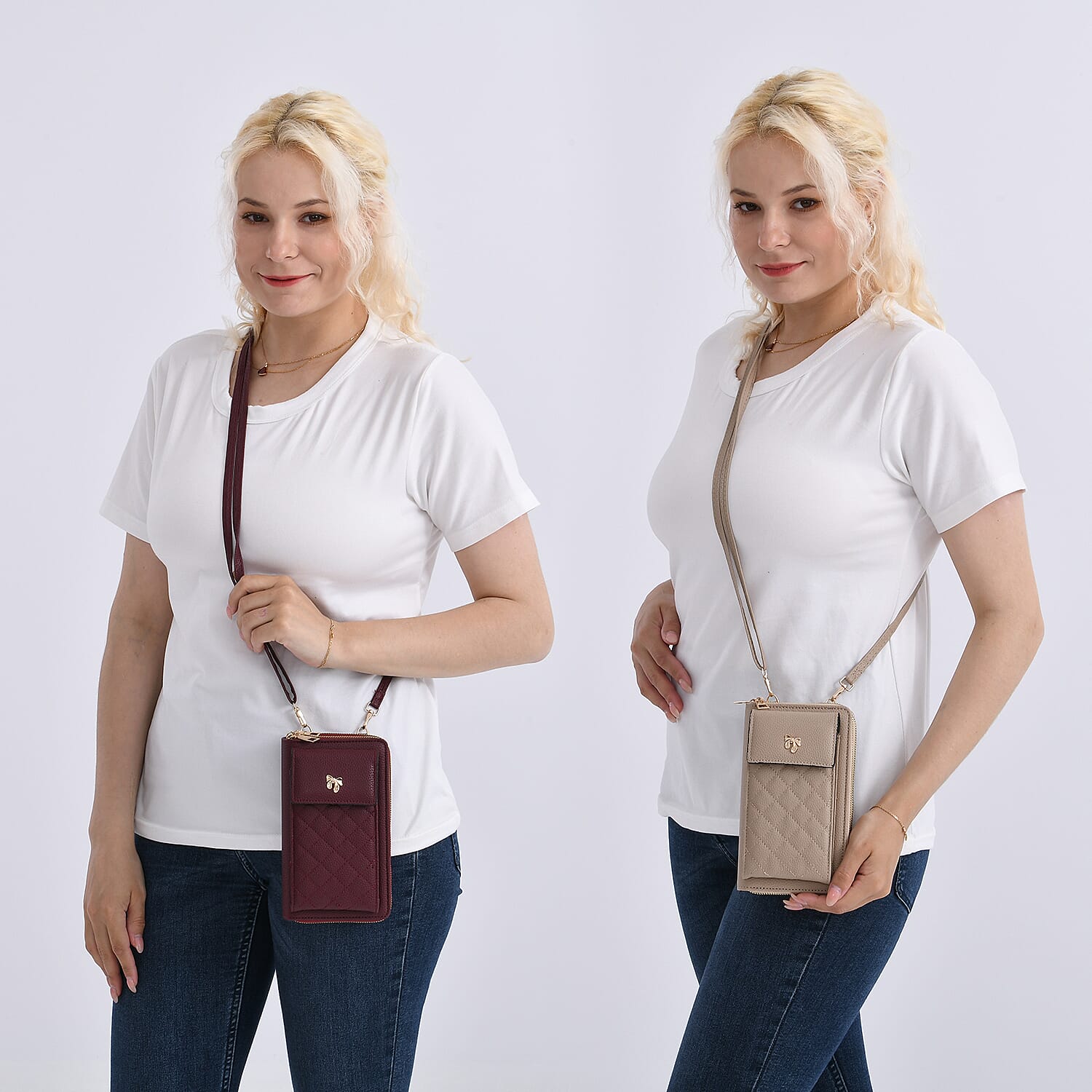Set of 2 Quilted Cellphone Bags - Beige - Burgundy 8079543 2