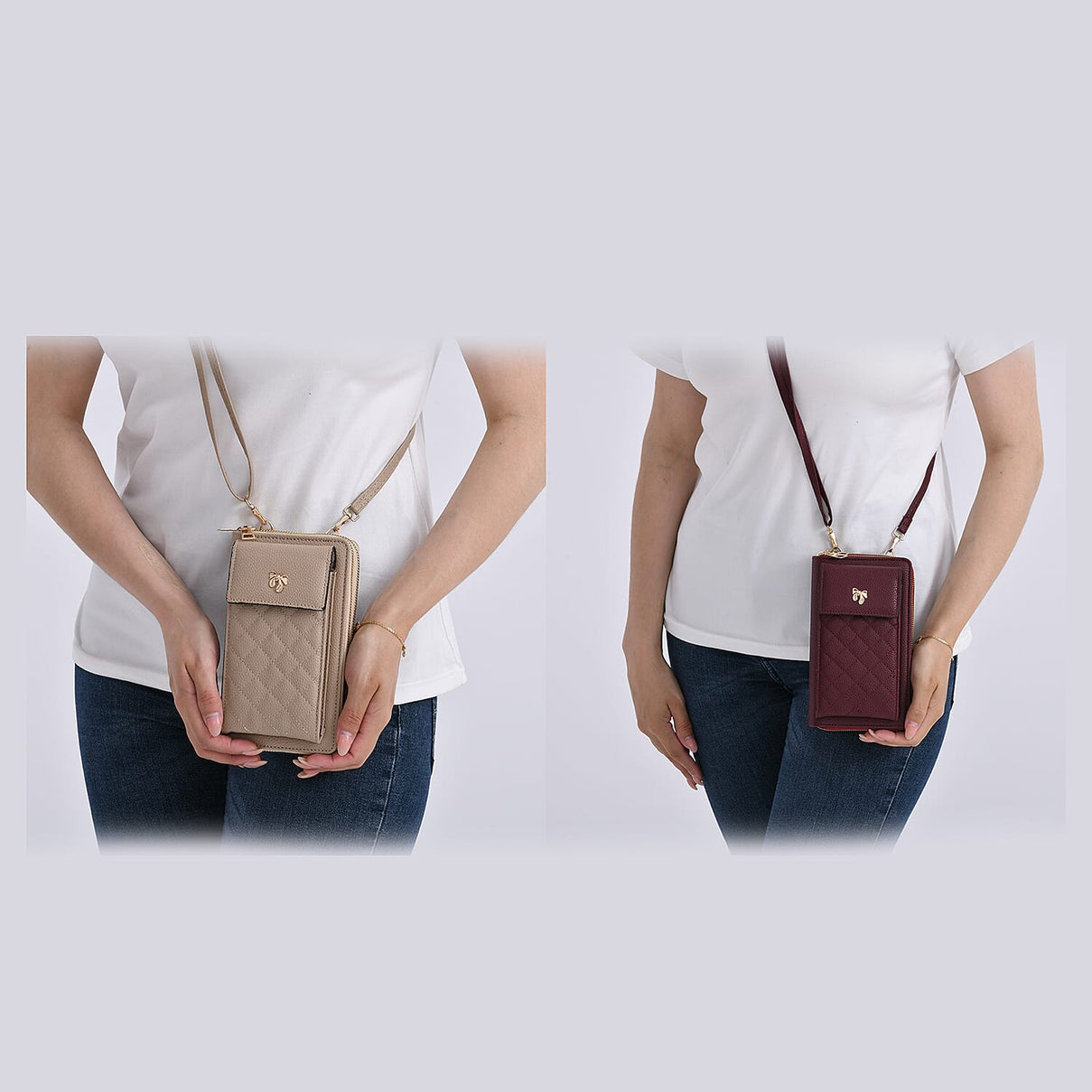 Set of 2 Quilted Cellphone Bags - Beige - Burgundy 8079543 3