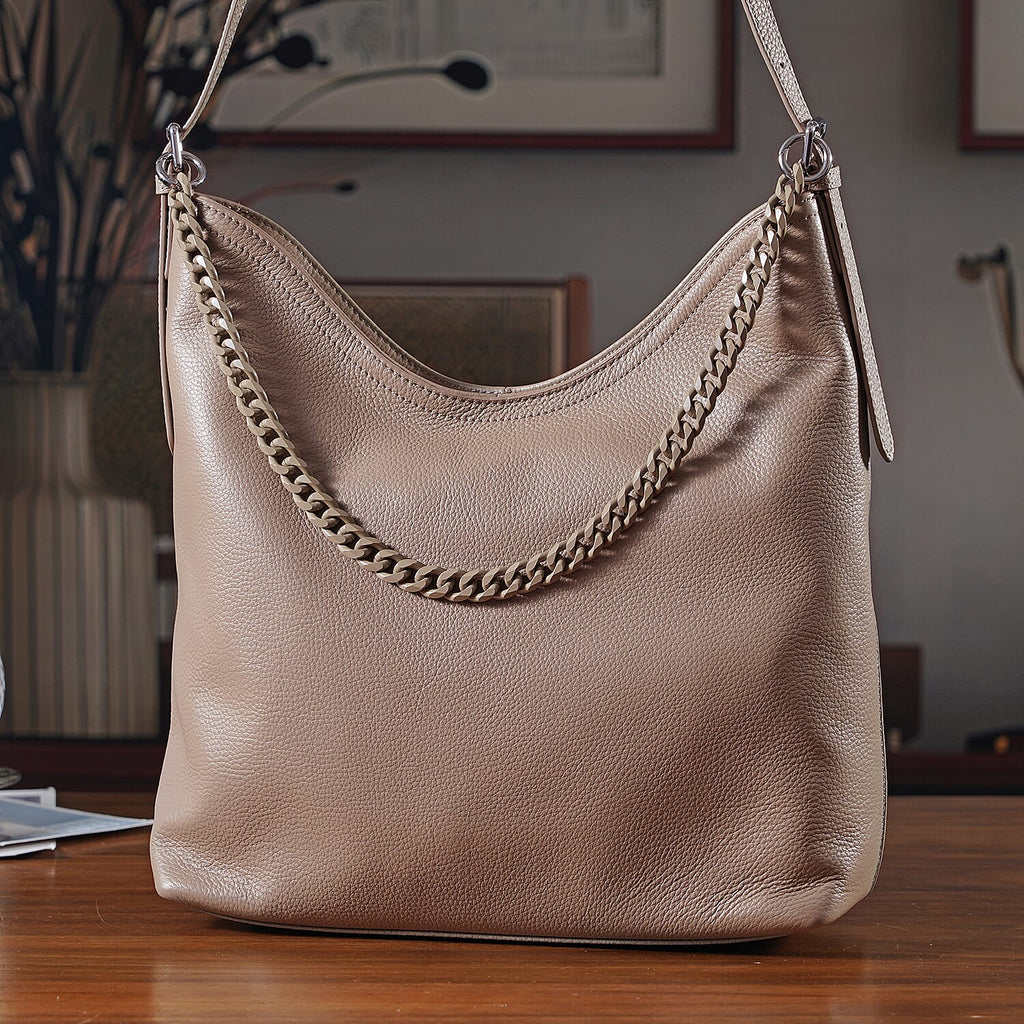 Genuine Leather Slouchy Shoulder Bag - Beige