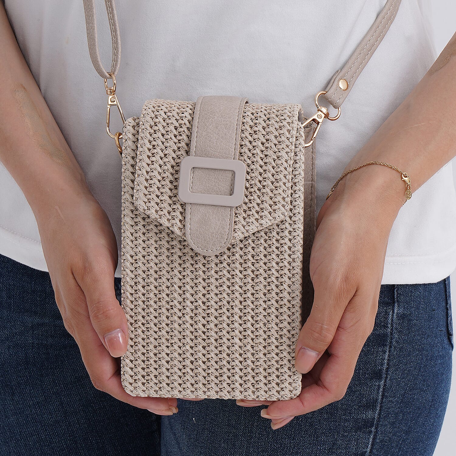 Boho Braided Texture Crossbody Bag with Buckle Flap - Khaki 8050586 3