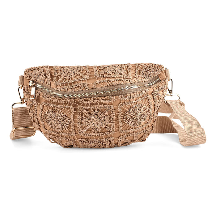 Crochet Crescent Sling Bag with Adjustable Strap - Beige 8504000 1