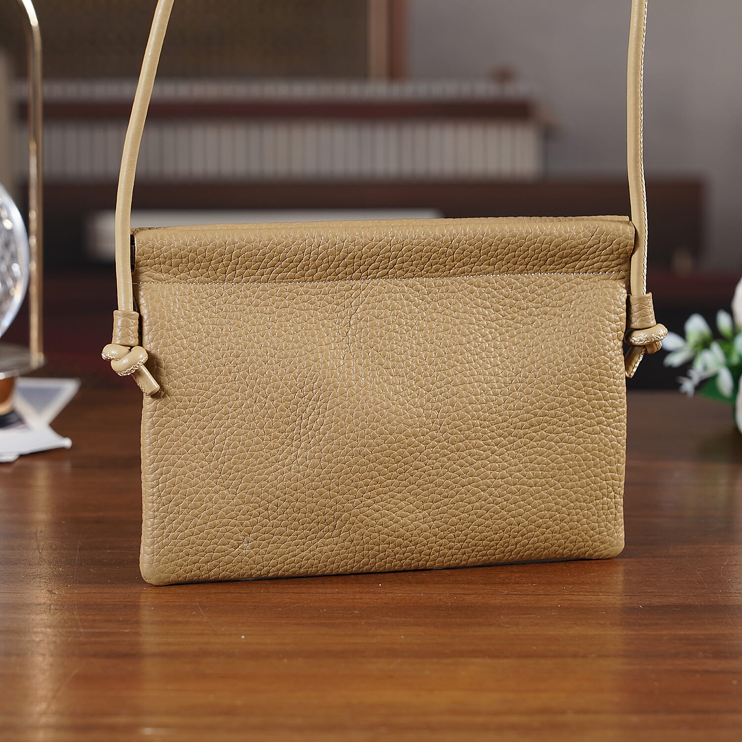 Genuine Leather Slim Crossbody Bag - Camel V32372694 2