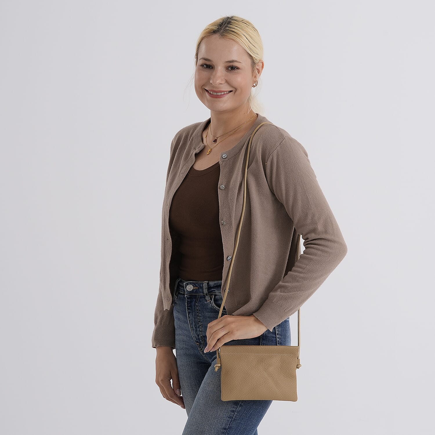 Genuine Leather Slim Crossbody Bag - Camel V32372694 3