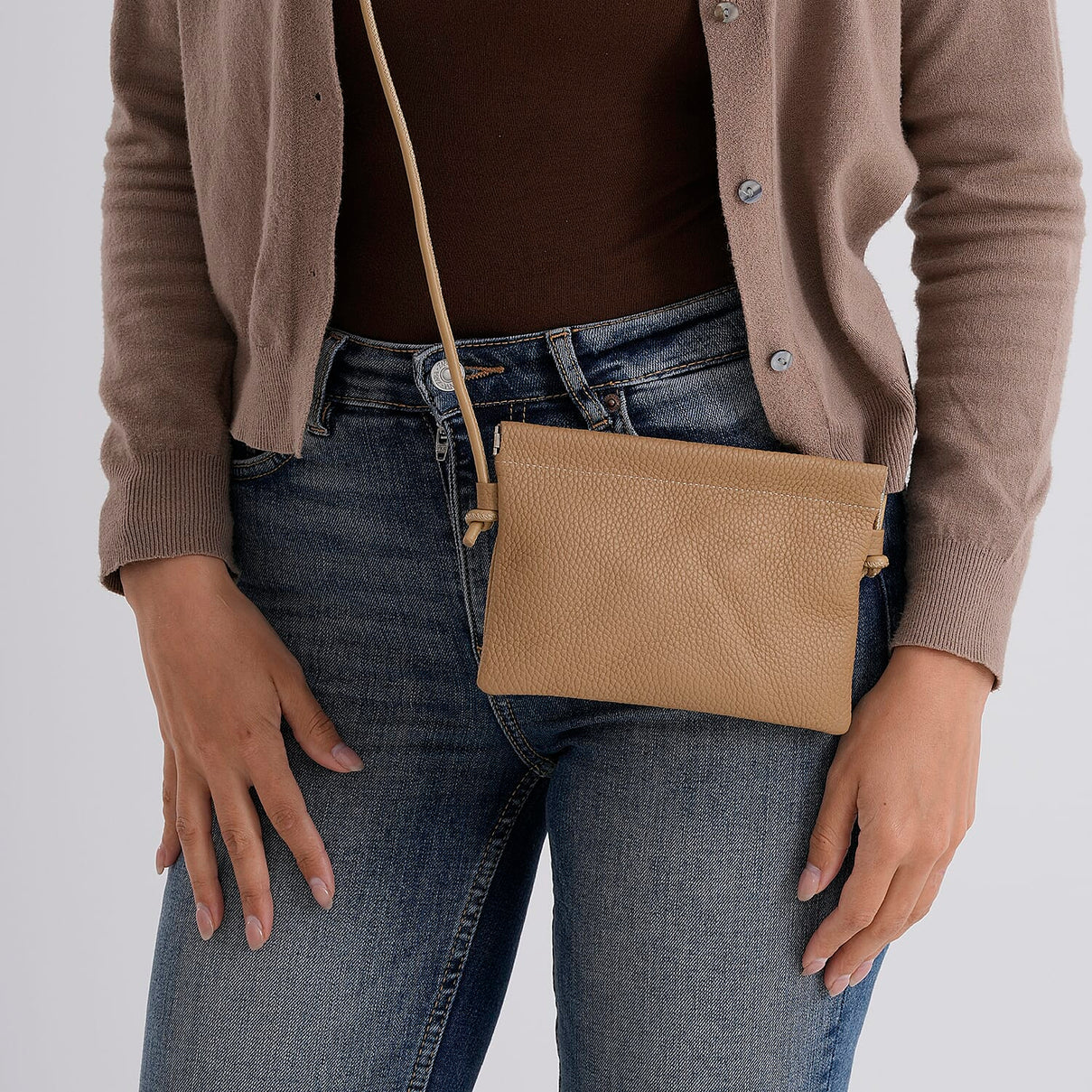 Genuine Leather Slim Crossbody Bag - Camel V32372694 4