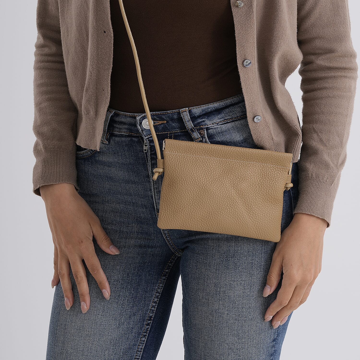 Genuine Leather Slim Crossbody Bag - Camel V32372694 4