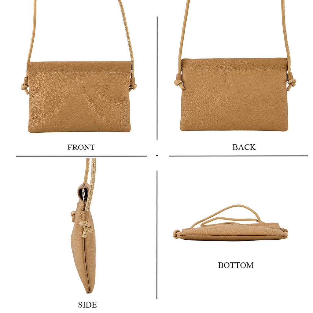 Genuine Leather Slim Crossbody Bag - Camel