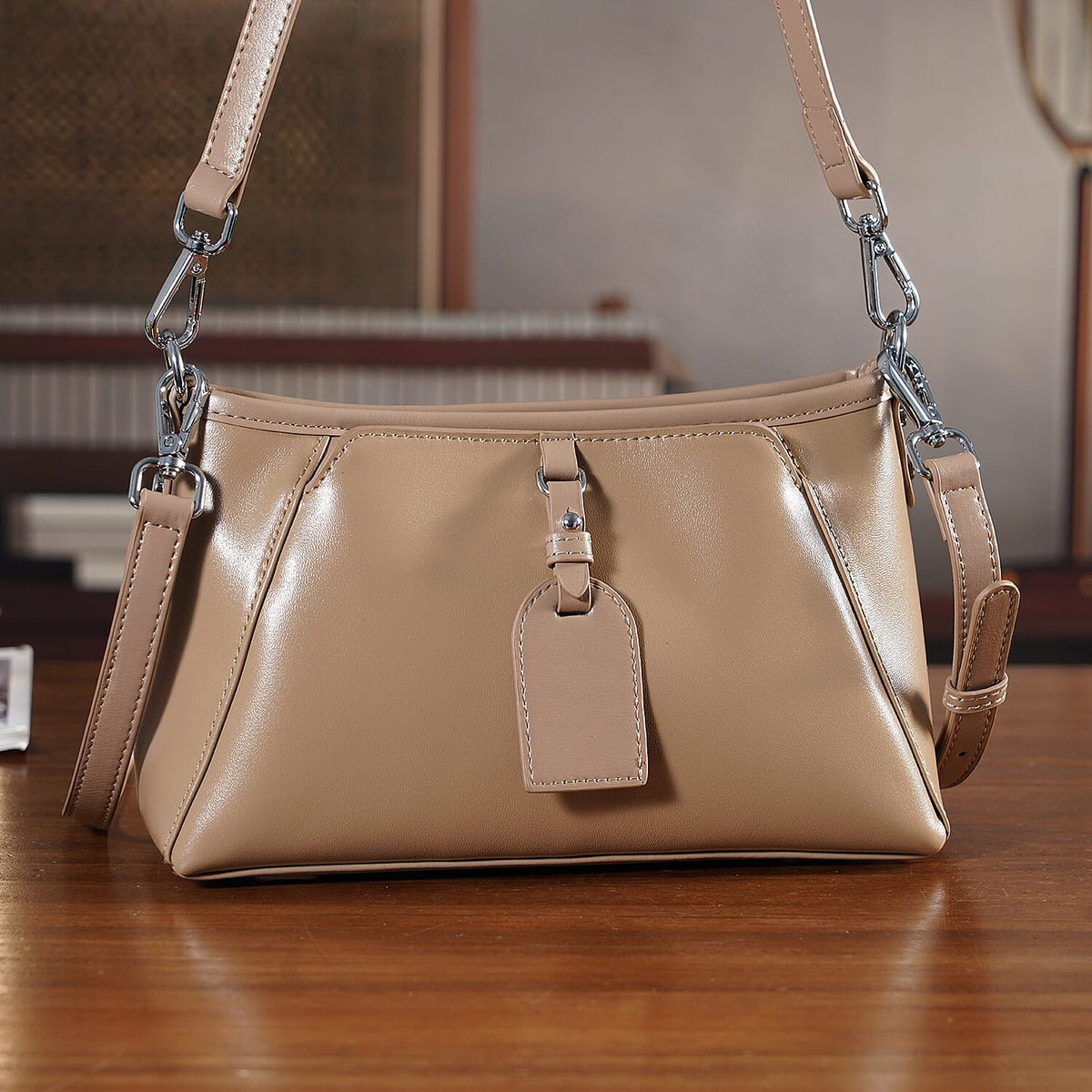 Limited Edition Designer Inspired - Premium Leather Shoulder Bag with Dual Interchangeable Straps - Khaki V32642886 2