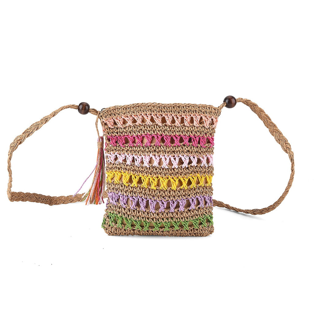 Multi-Colour Striped Crochet Messenger Crossbody Bag - Brown