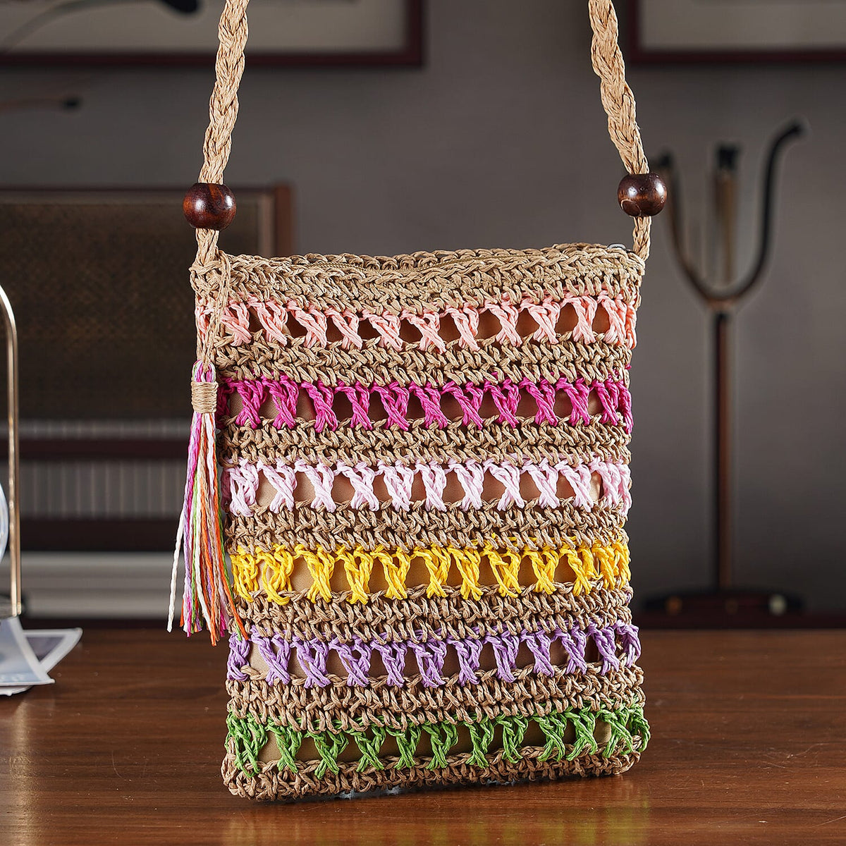Multi-Colour Striped Crochet Messenger Crossbody Bag - Brown V32515683 2