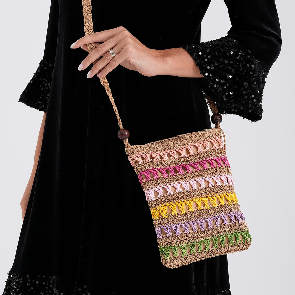 Multi-Colour Striped Crochet Messenger Crossbody Bag - Brown