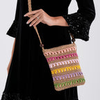 Multi-Colour Striped Crochet Messenger Crossbody Bag - Brown