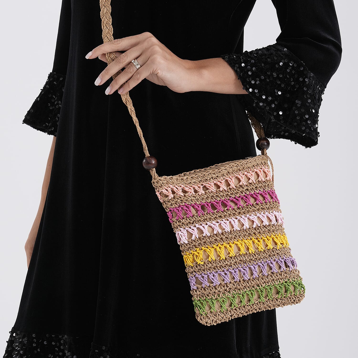 Multi-Colour Striped Crochet Messenger Crossbody Bag - Brown V32515683 4