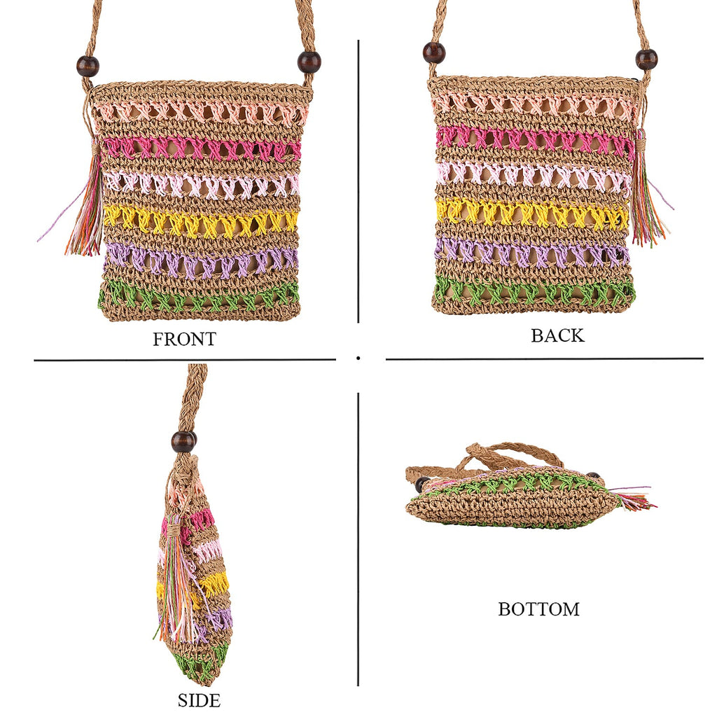 Multi-Colour Striped Crochet Messenger Crossbody Bag - Brown