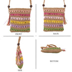 Multi-Colour Striped Crochet Messenger Crossbody Bag - Brown