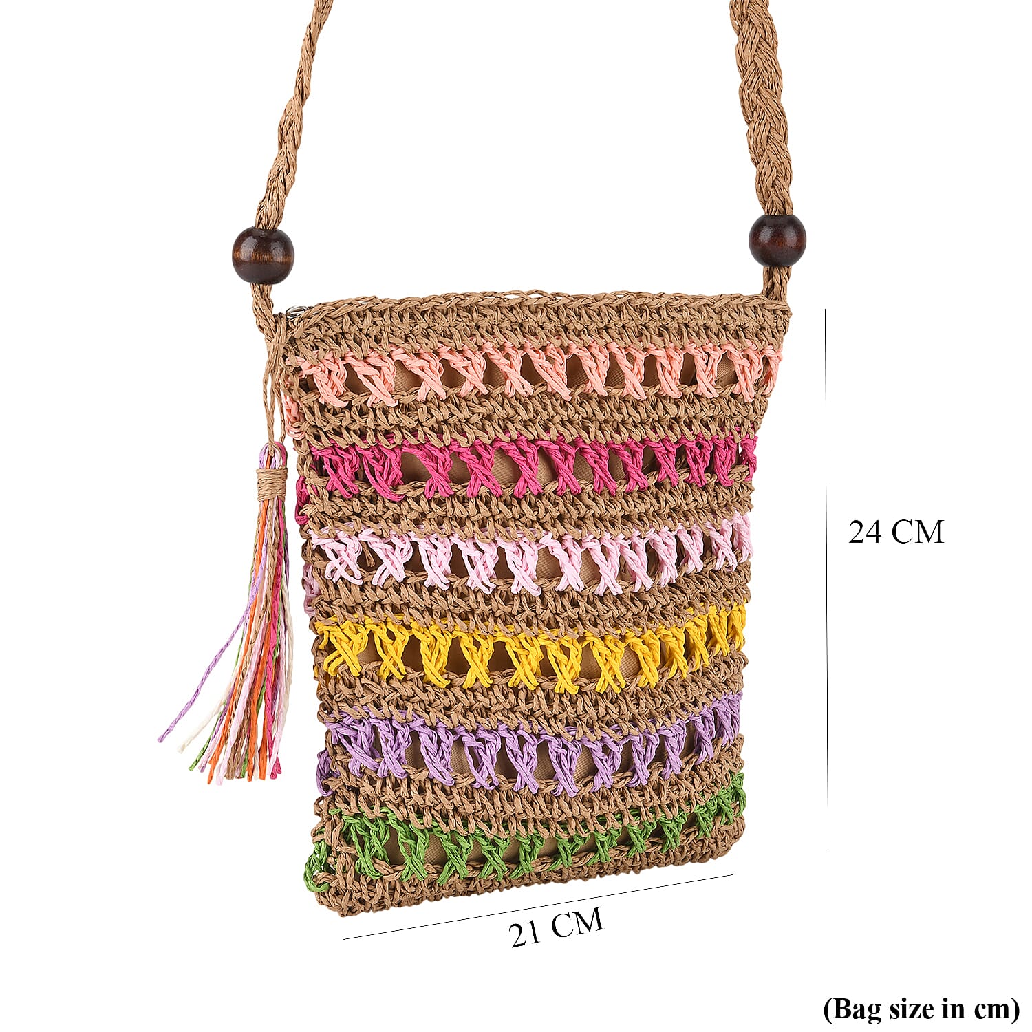 Multi-Colour Striped Crochet Messenger Crossbody Bag - Brown V32515683 8