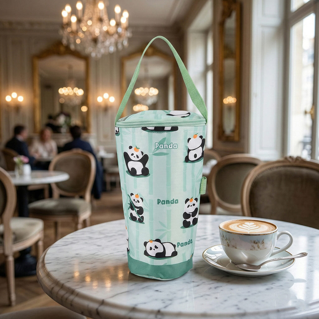 Cute Cartoon Print Insulated Tumbler Travel Mug Bag with Handle & Straw Hole - Light Green