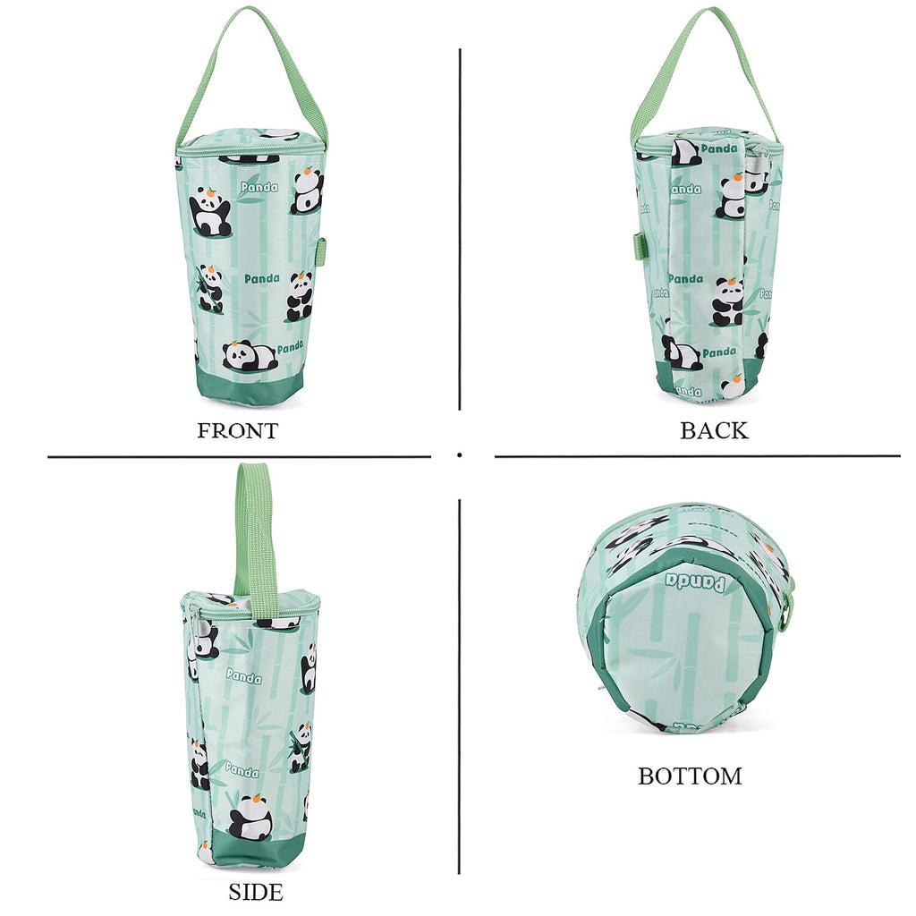 Cute Cartoon Print Insulated Tumbler Travel Mug Bag with Handle & Straw Hole - Light Green