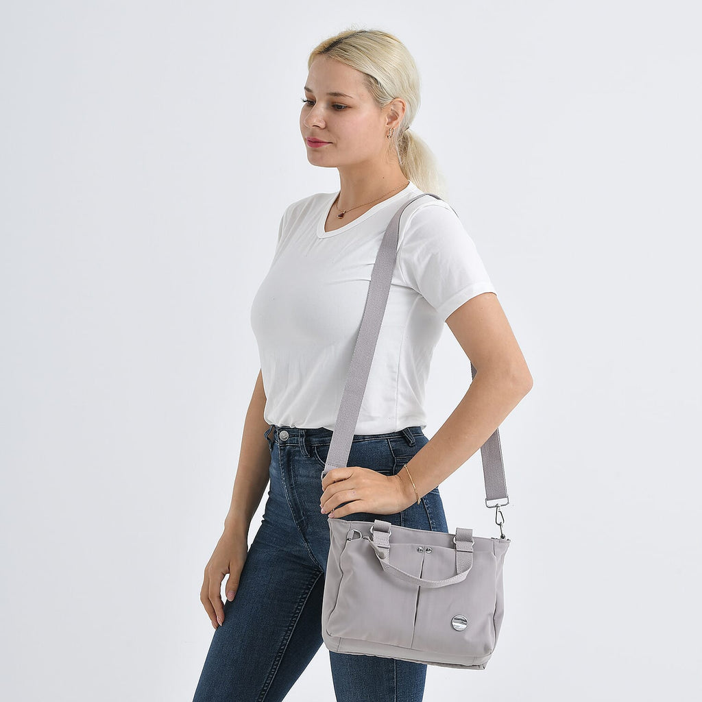 Travel Multi-Compartment Top-Handle Tote Bag with Adjustable Crossbody Strap - Light Mauve