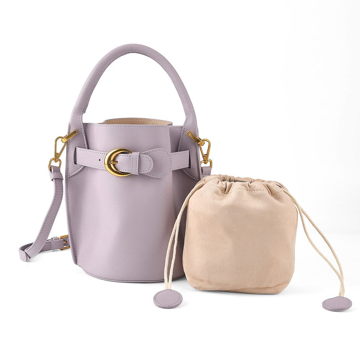 Designer Inspired Finest Italian Leather Bucket Bag with Internal Drawstring Pouch &amp; Shoulder Strap - Lilac 8479759 1