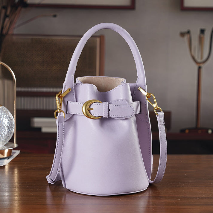 Designer Inspired Finest Italian Leather Bucket Bag with Internal Drawstring Pouch &amp; Shoulder Strap - Lilac 8479759 2