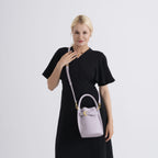 Designer Inspired Genuine Leather Bucket Bag with Internal Drawstring Pouch & Shoulder Strap - Light Purple